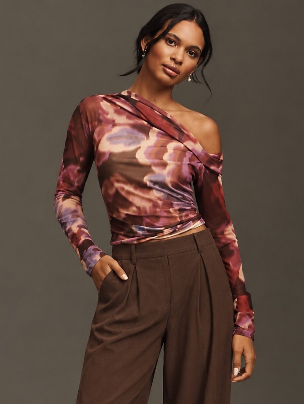 Anthropologie Abstract Floral Mesh Draped Long Sleeve Top Size L